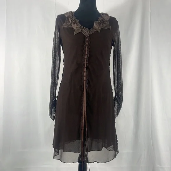 Pretty Angel Brown Dress,tunic dress, top,lace,floral design,sheer,ruffles,small - Picture 10 of 10